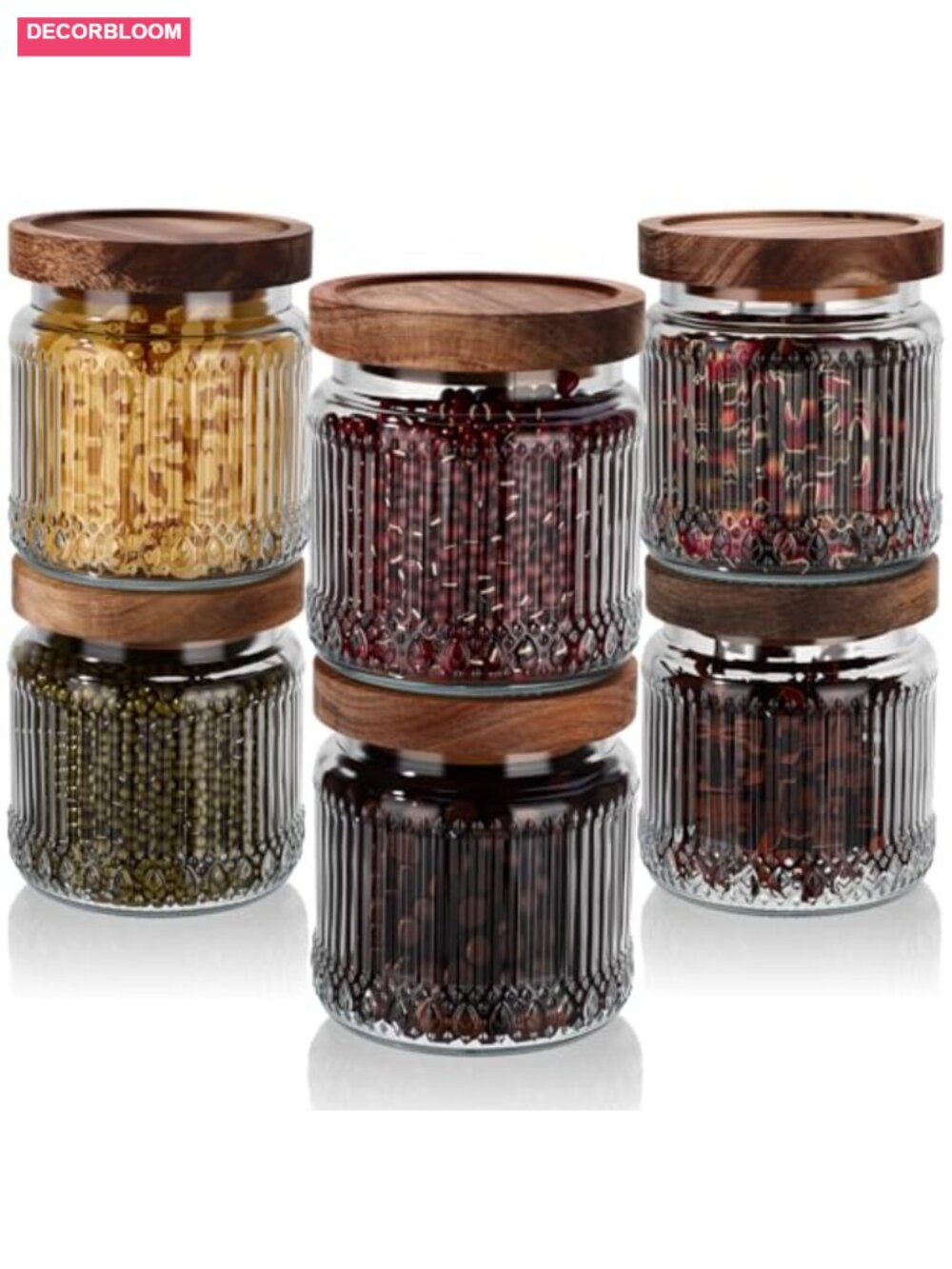 6 Pc 500ml Vintage Ribbed Glass Jars Airtight Wood Lids Food Storage